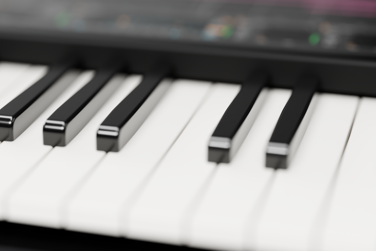 Close-up of the velocity-sensitive keys, black keys raised over white.