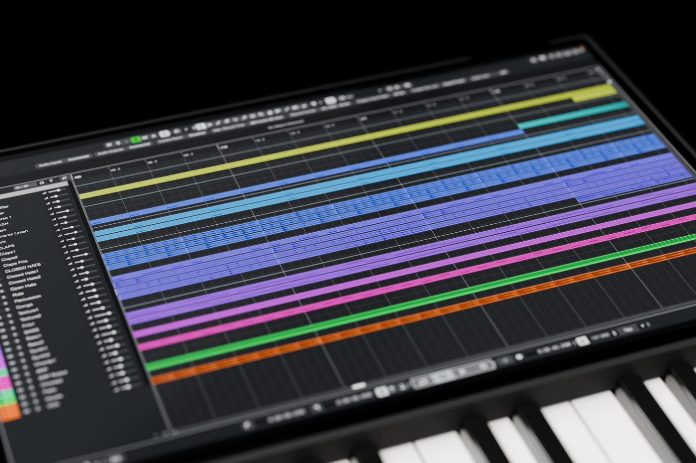 Close-up of the Model 25 touchscreen showing a Cubase session above the keybed.