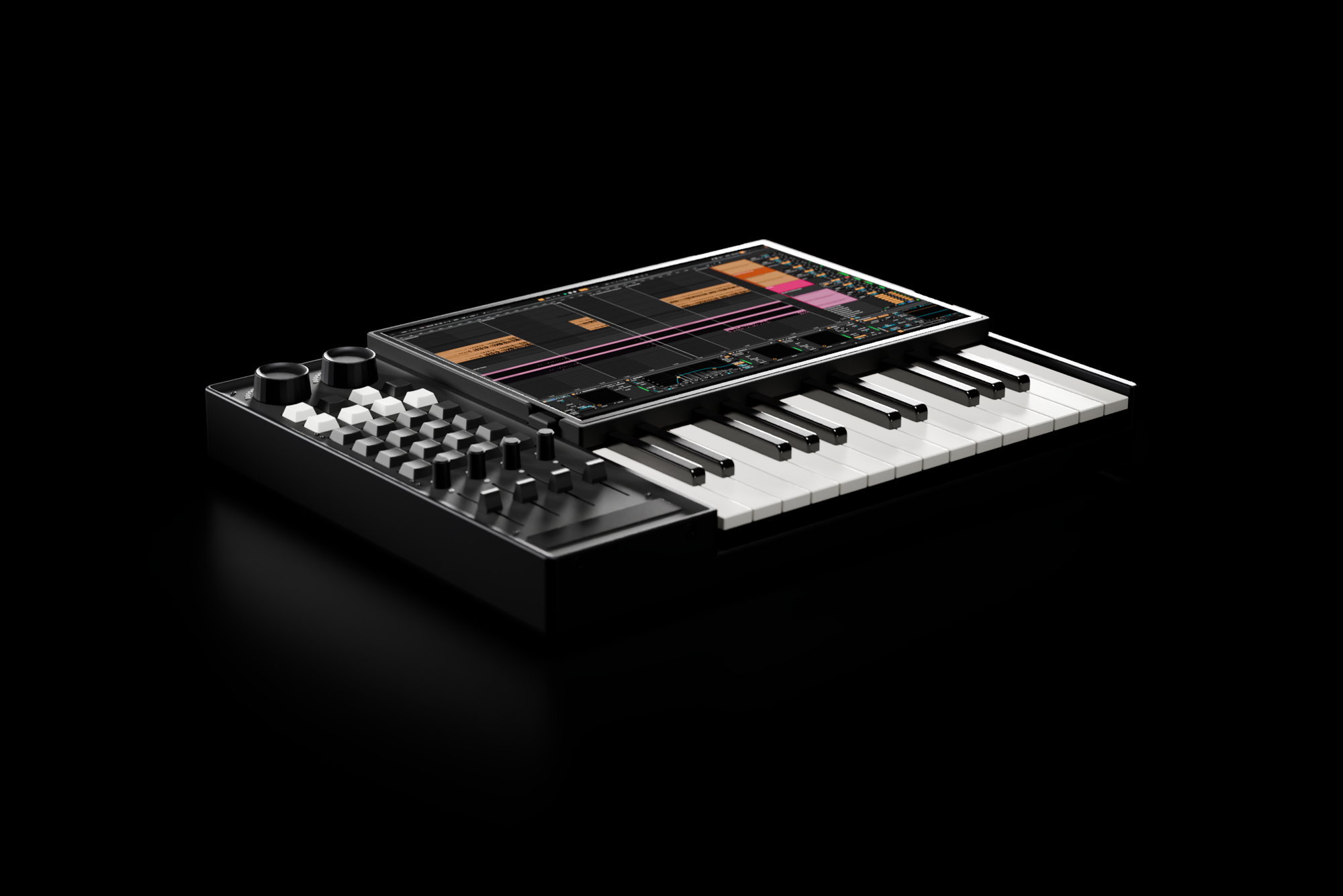 Kayan Model 25 on a dark reflective surface, screen on, showing a DAW arrangement.
