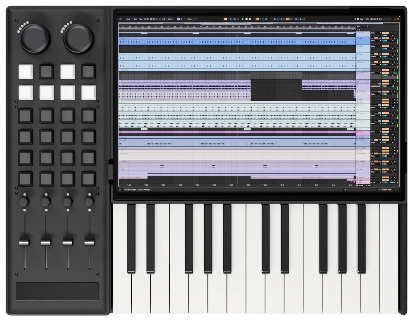 Kayan Model 25 from above: control panel, touchscreen showing an Ableton Live session, and keybed in a single chassis.